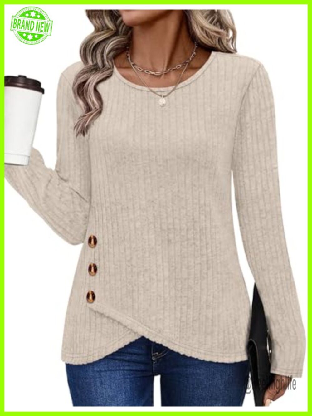 Women's Tunic Sweater Long Sleeve Crew Neck Pullover with Buttons